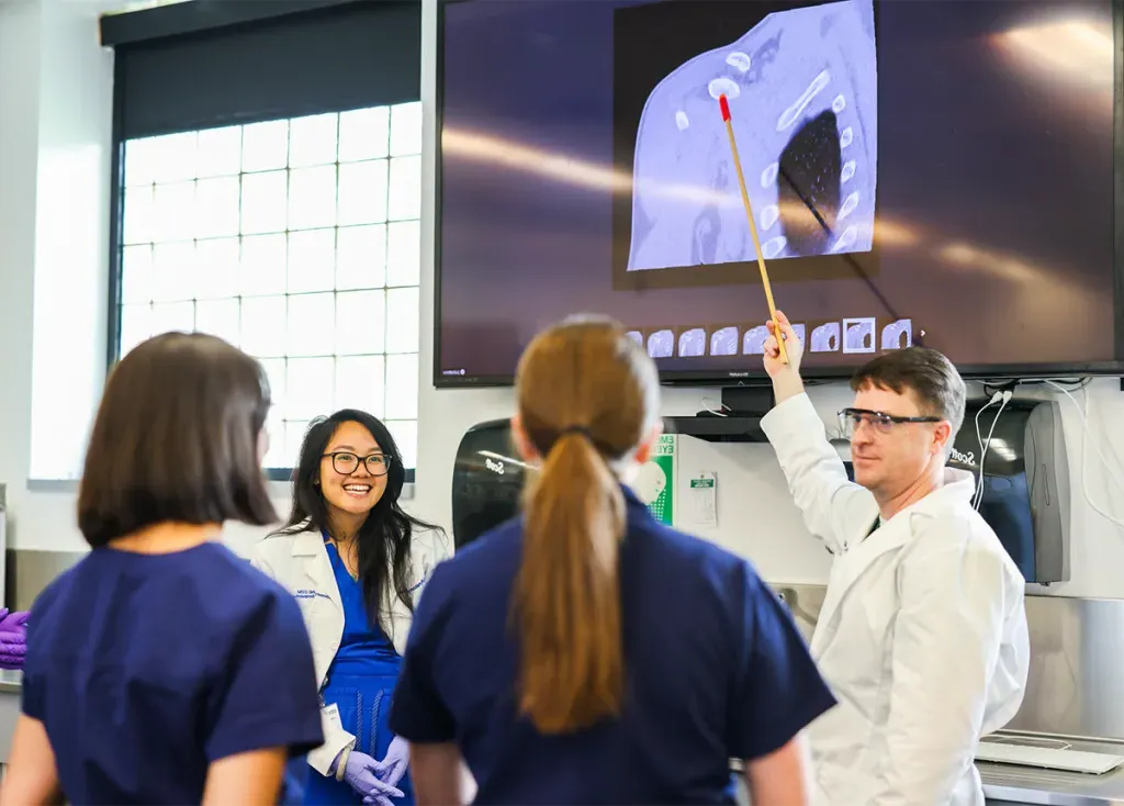 A group of clinical anatomy students review an anatomical image on a large monitor